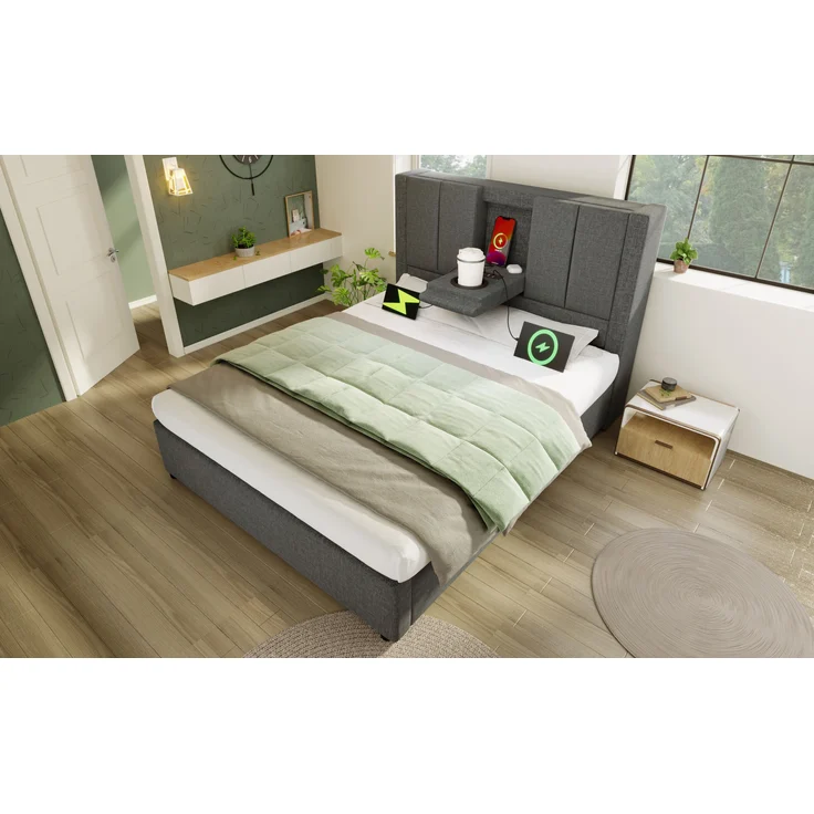 Kompakt Einzelbett mit Klapp-Kopfstütze & Ladestation, Leinen, 90x200 cm, Grau, ohne Matratze – Bild 3
