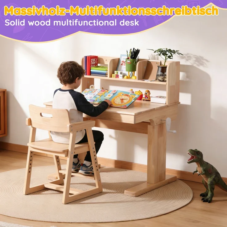 TavilaEcon Kindertisch Höhenverstellbarer Massivholz-Multifunktionsschreibtisch für Kinder natur 89–110,5 × 60 × 92 cm (H × T × B) – Bild 5