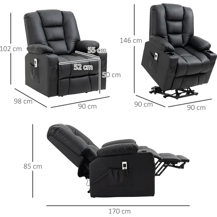 HOMCOM Massagesessel Fernsehsessel mit Liegefunktion, Rollen, Fernbedienung (Relaxsessel mit Aufstehhilfe, 2-St, TV Sessel), mit USB-Anschluss – Bild 3