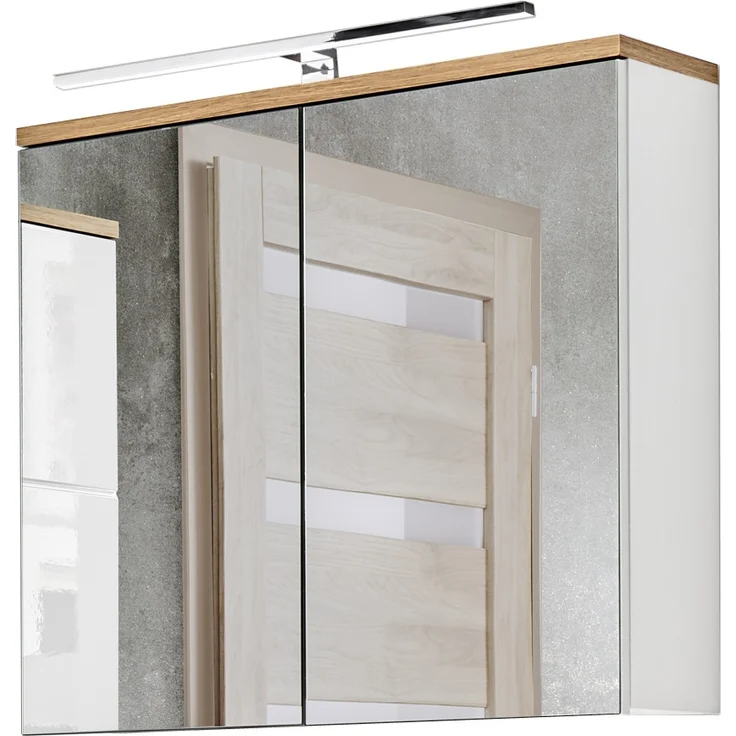 Badezimmer Spiegelschrank 80 cm LED-Beleuchtung LUTON-56 Hochglanz weiß mit Wotan Eiche Nb, B/H/T ca. 80/70/20 cm – Bild 1