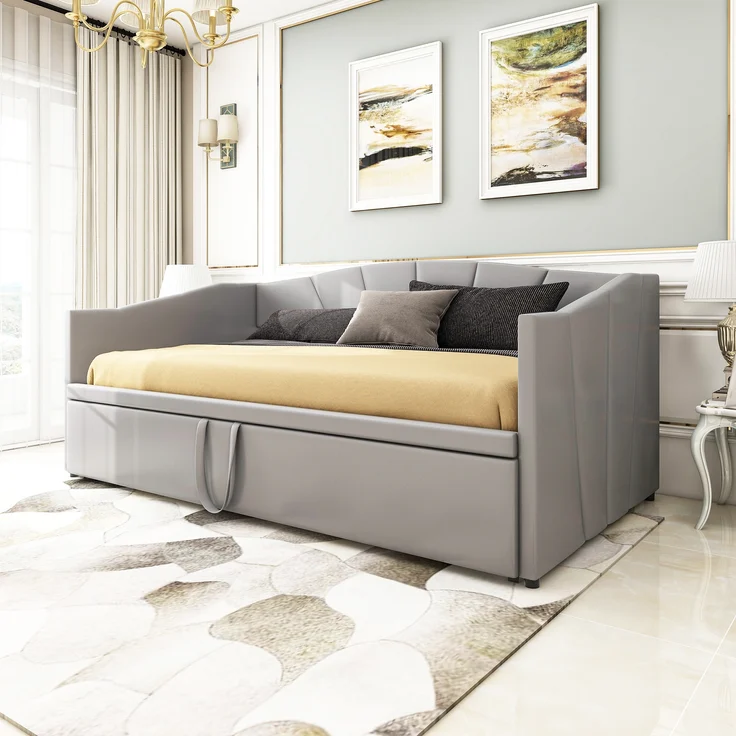 Polsterbett, Ausziehbares Schlafsofa 90/180 × 200 cm mit Lattenrosten, Multifunktionsbett aus hautfreundlichem Samtstoff, Samtstoff, Grau, 90/180 × 200 cm – Bild 6