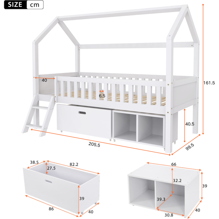 Merax Hausbett Kinderbett Jugendbett 200x90 Mit Schubladen und Ablagefächern Geeignet für Jungen und Mädchen Mit Anti-Drop-Geländer, Weiß – Bild 4