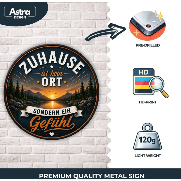 AstraDesign Blechschild Rund 30cm - Zuhause ist kein Ort sondern ein Gefühl Spruchschild – Metall – Mehrfarbig – RD0011 – Bild 3