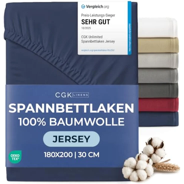 Spannbettlaken Jersey 180x200 - Baumwolle Boxspringbett 30cm - Marineblau | Spannbetttuch, Rundumgummi, Dehnbar, Weich, Atmungsaktiv, Knitterfrei, Pflegeleicht, Baumwoll-Jersey, Bis 30cm, OEKO-TEX – Bild 1