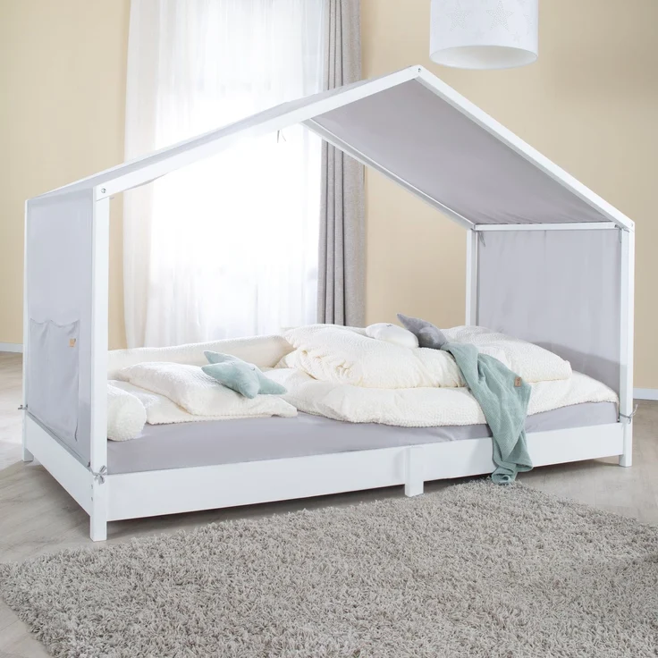 roba Bezug für Montessori Hausbetten 90 x 200 cm - Passendes Zubehör zum Umbau in Himmelbett - Inkl. 3 Aufbewahrungstaschen & Dachfenster - Hellgrau – Bild 5