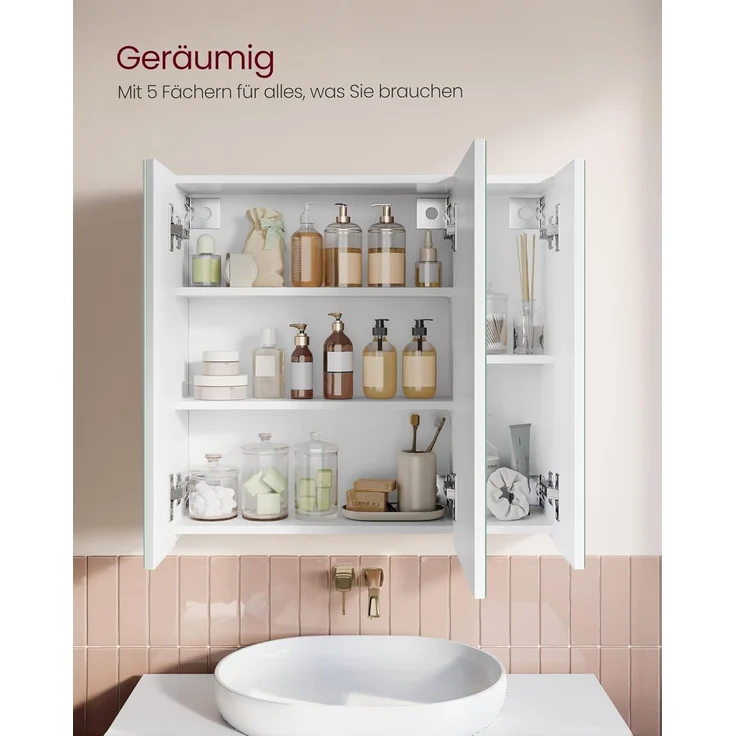 Vasagle Spiegelschrank, Badezimmerschrank, Aufbewahrungsschrank mit 3 Türen, fürs Badezimmer, 15 x 60 x 55 cm, mit verstellbaren Regalebenen, modern, weiß BBK22WT – Bild 4