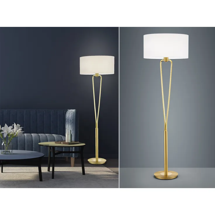 Designer Stehleuchte PARIS II Messing mit Stoffschirm Weiß, Höhe 160cm