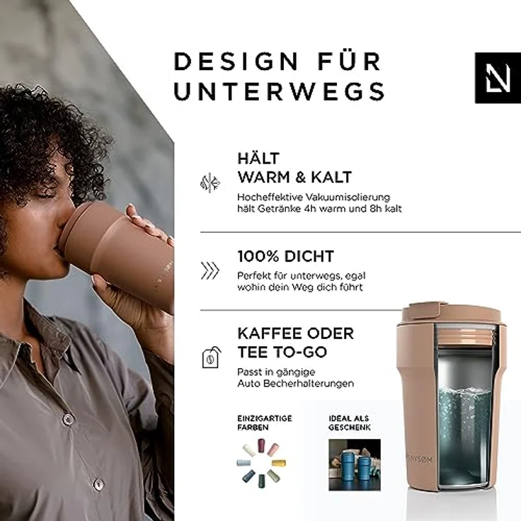 LARS NYSØM Thermo Kaffeebecher to go 380ml | Travel Mug mit 4h Heiß & 8h Kalt Isolierung | Auslaufsicherer Edelstahl Thermobecher (Mocha Brown, 380ml) – Bild 2