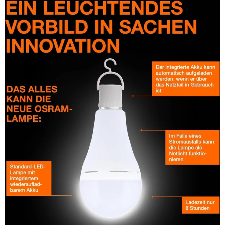 Osram LED Classic A 60 Camping Lampe/Notlicht mit integriertem wiederaufladbaren Akku (ex 60W) 8W Warmweiß E27 – Bild 2