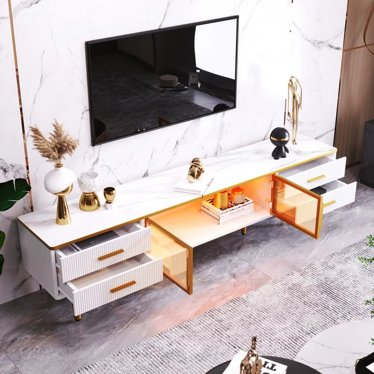 TV-Schrank 170 cm Weiß Gold mit Marmormuster und braunem Glas, Lowboard mit 4 Schubladen und 2 Türen – Bild 8