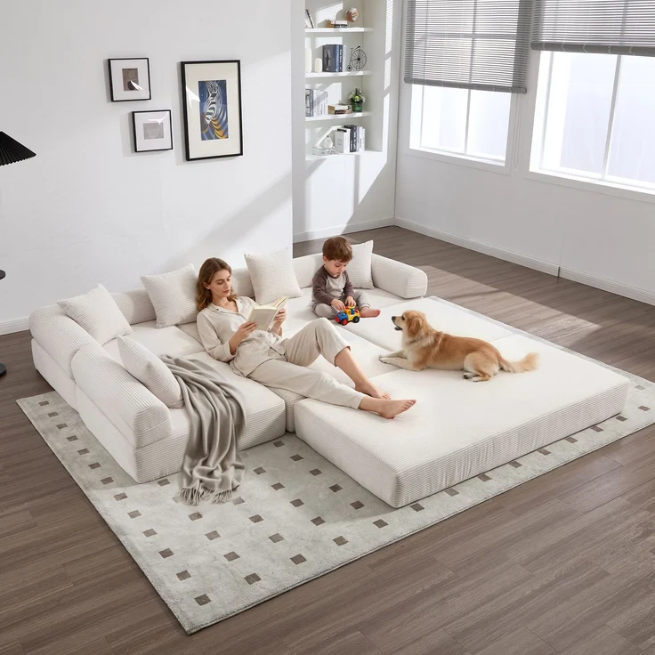 LVHOM Schlafsofa 5-Sitzer, Klappsofa mit Schlaffunktion, Bodensofa mit Seitentaschen, Ecksofa aus Cordstoff, frei Kombinierbar, Beige – Bild 9