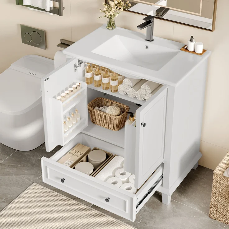 Badezimmerschrank 76 x 46 x 87 cm mit Keramikbecken, viel Stauraum & Massivholzbeinen – Moderner Waschtischschrank,Weiß – Bild 5