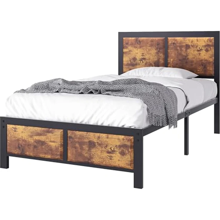 VECELO Bettgestell 90x200 cm, Metallbett mit Dick Holzkopfteil und Lattenrost, Modern Gästebett Jugendbett mit Stauraum Unter Dem Bett, Perfekt für Schlafzimmer, Braun – Bild 8