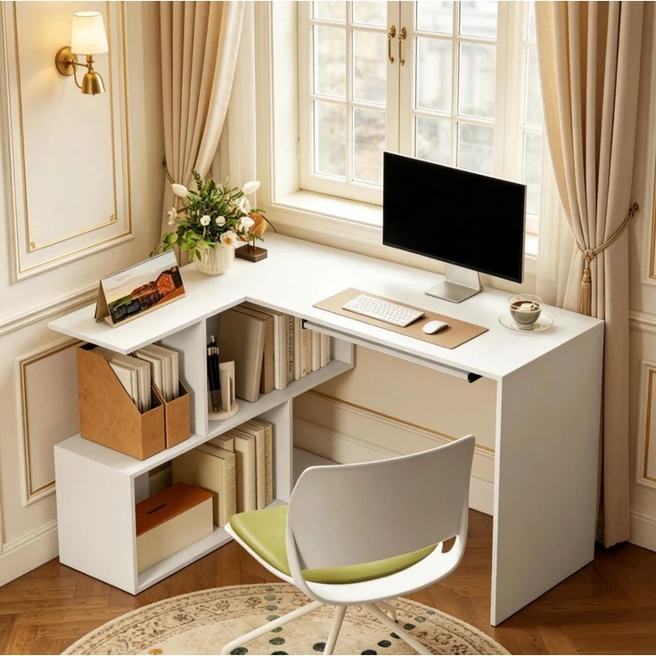 Eckschreibtisch mit Tastaturauszug und 4 Fächern, 120x100x76 cm, Weiß – Bild 1