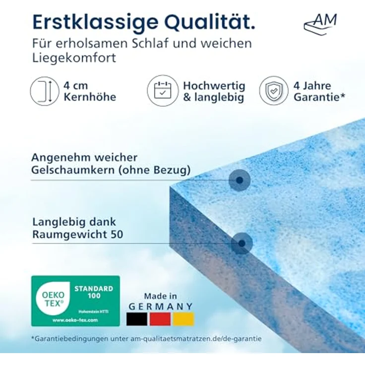 AM Qualitätsmatratzen Gelschaum Topper 120x200 cm, Oeko TEX zertifizierte Matratzenauflage mit Memory Foam für optimales Liegegefühl, Made in Germany – Bild 3