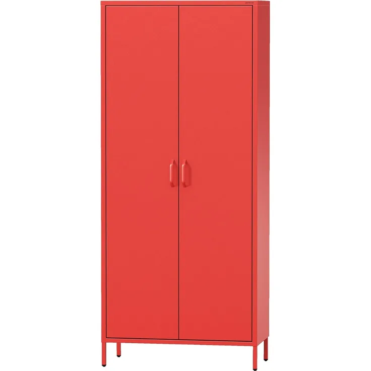 Jan Nowak Kleiderschrank 2 Türig, Metallschrank Glitzernd - Flavio | Ablagen, Kleiderstange, Leiser Magnetverschluss | Garderobenschrank für Schlafzimmer, Kinderzimmer | 80 x 185 x 45 cm | Rot
