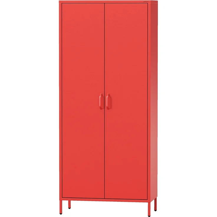 Jan Nowak Kleiderschrank 2 Türig, Metallschrank Glitzernd - Flavio | Ablagen, Kleiderstange, Leiser Magnetverschluss | Garderobenschrank für Schlafzimmer, Kinderzimmer | 80 x 185 x 45 cm | Rot