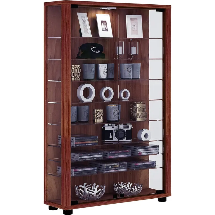 VCM Sammelvitrine Standvitrine Glasvitrine Glasregal Vitrine Glas Schaukasten mit Beleuchtung Kern-nussbaum "Lumo Mini"