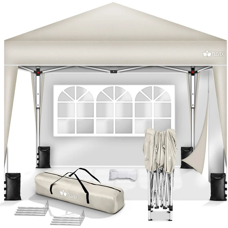 tillvex Pavillon 3x3m Beige - mit 2 Seitenteilen wasserdicht | Pop-Up Faltpavillon höhenverstellbar | Gartenzelt UV Schutz 50+ | Partyzelt mit Tasche für Garten – Bild 6
