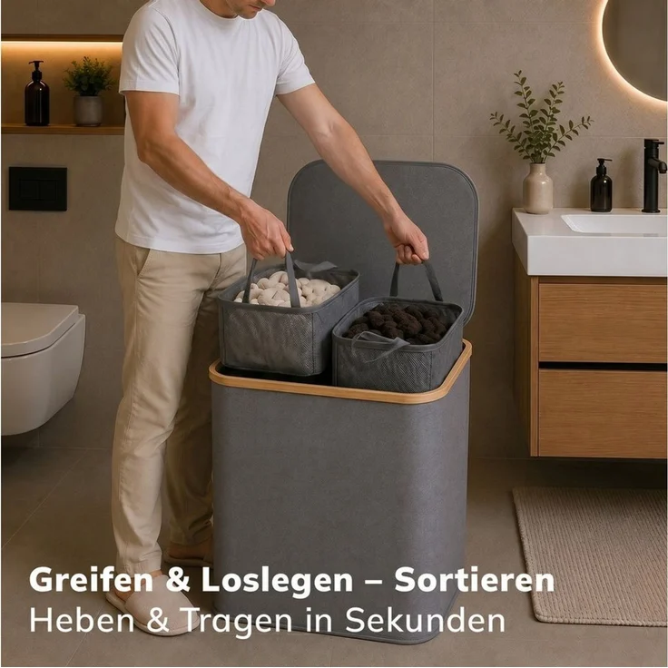 Roxlin Wäschekorb Wäschekorb 150L faltbar mit Deckel, wasserdicht, 2 Taschen – Bild 4