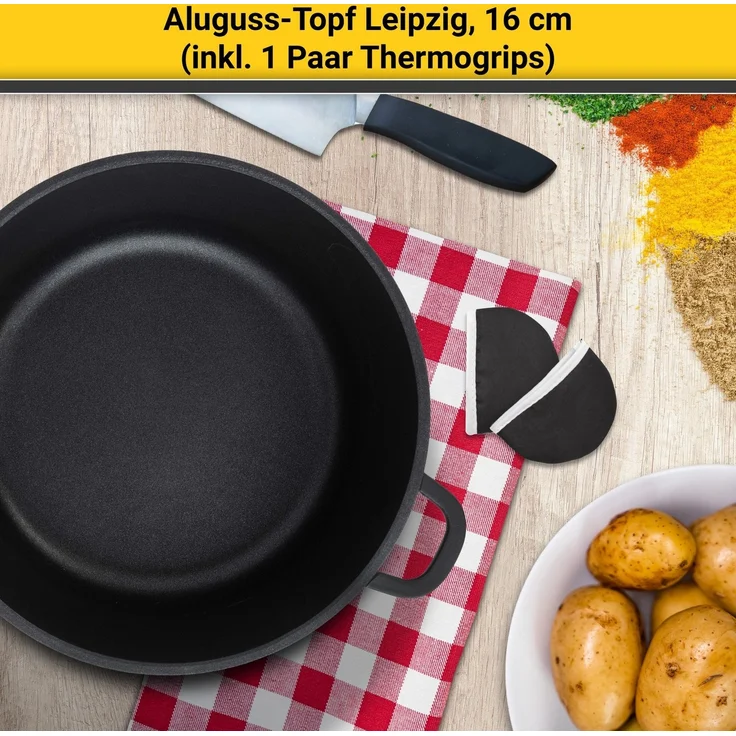 Krüger Fleischtopf Aluguss Fleischtopf mit Glasdeckel inkl. Thermogrips LEIPZIG, Aluminiumguss (1-tlg), hochwertige Antihaft-Versiegelung – Bild 2