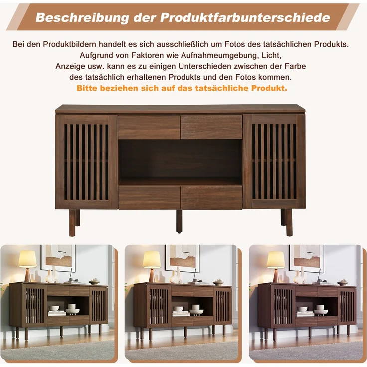DESVIAE Sideboard Walnussholzfarbe aus MDF – 140x71x35 cm – 4 Schubladen, Lamellentüren – Bild 4