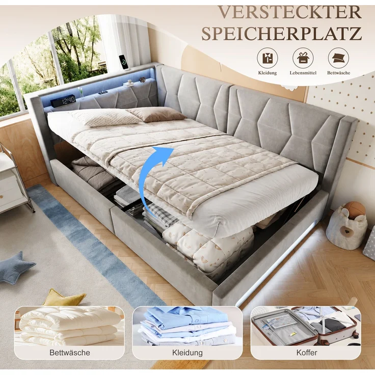 TavilaEcon Polsterbett Samtbett mit LED-Beleuchtung an Kopf- und Fußteil, USB & Type-C grau Liegefläche 140 × 200 cm – Bild 3