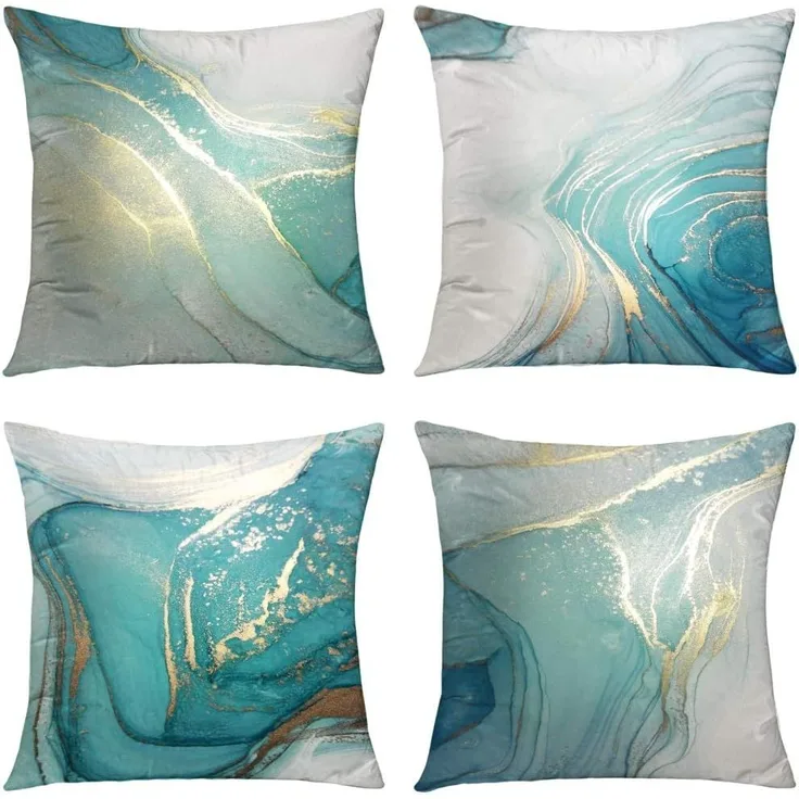 Velvet Kissenbezüge 45×45 cm 4er-Set Marmor Türkis & Gold, Luxus Fluid Art, Sofa Deko