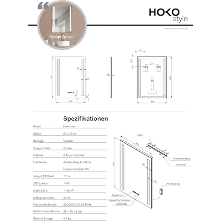 HOKO LED Badspiegel 50x70/60x80 cm mit Digitaluhr, Antibeschlag, Touchsteuerung und dimmbarem Licht (Warmweiß - Kaltweiß - Neutral), IP44, 5mm HD Glas – Bild 6