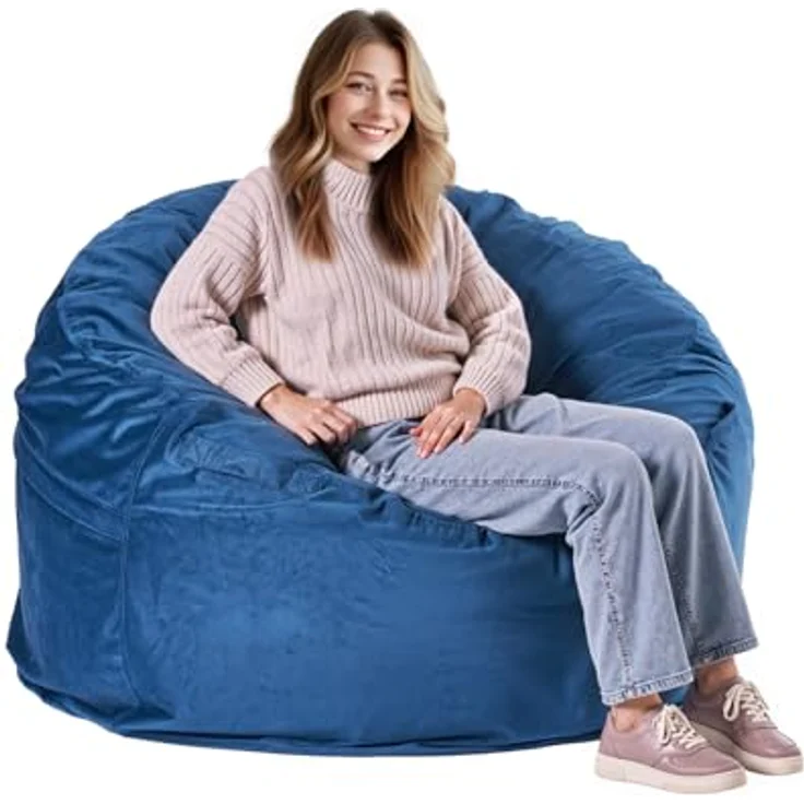 VEVOR runder Sitzsack Sitzkissen Bean Bag Erwachsene (1168 x 1168 x 635 mm) mit abnehmbarem & waschbarem Bezug, gefüllt mit niederländischem Samt & hochdichtem Schaumstoff, für Schlafzimmer Blau – Bild 2
