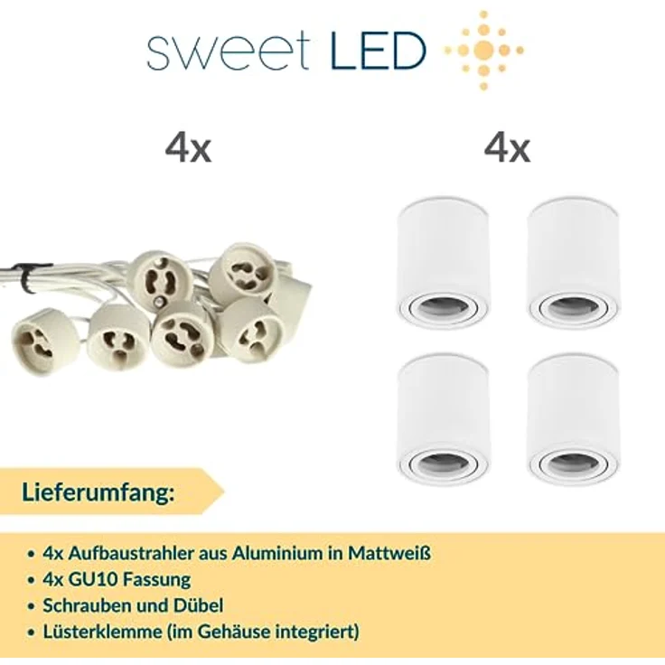 Sweet LED Aufbauleuchte 4er Set GU10 rund Deckenspots weiß Aluminium schwenkbar 230V, schwenkbar, ohne Leuchtmittel, Aufbaustrahler LED, Aufbauspot, Deckenstrahler – Bild 6
