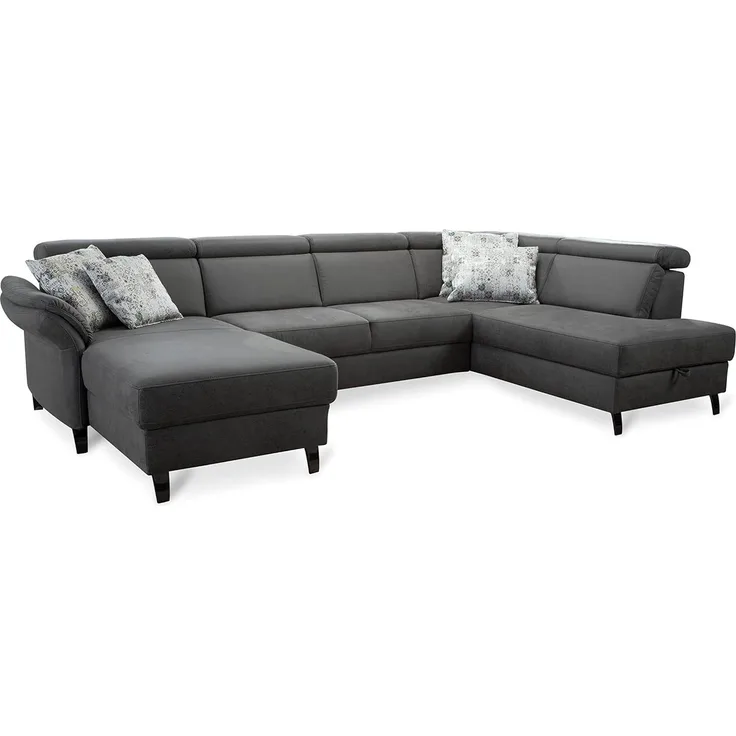 Cavadore Wohnlandschaft Ammerland mit Federkern, Schlafsofa mit Longchair links und Ottomane rechts, inkl. Kopfteilverstellung, 317 x 84 x 193, lederoptik anthrazit
