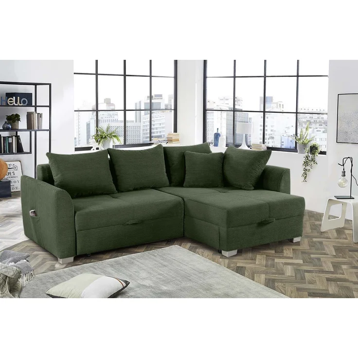 Ecksofa L-Form Couch Polsterecke ausziehbar Schlaffunktion Bettkasten Cord Grün – Bild 2