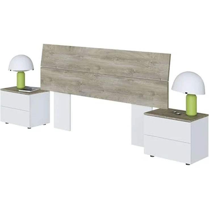 Habitdesign, modernes Kopfteil mit 2 Nachttischen – Schlafzimmer-Set für Doppelbett (135–150 cm) in Artik weiß & Eiche Alaska, viel Stauraum, Maße: 276 x 96 x 34 cm (B x H x T), Modell New Dreams – Bild 1