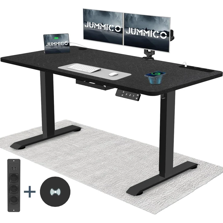 JUMMICO Höhenverstellbarer Schreibtisch mit Kabelloser Ladestation und Euro-Steckdose mit USB, Schreibtisch Höhenverstellbar Elektrisch Stehtisch, Standing Desk (Schwarze Felsplatte 140x70 cm) – Bild 1