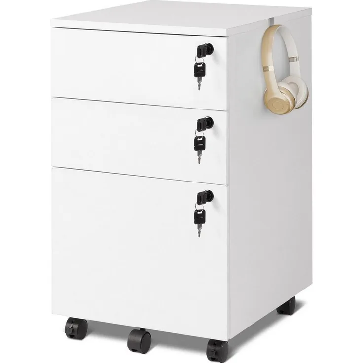 DEVAISE Rollcontainer Mobiler Aktenschrank mit 3 Schubladen, (Druckertisch für DIN A4/Legal/Letter), 3 Schlüssel, Schreibtisch Unterschrank für Büro und Home Office