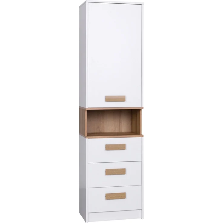 Marmex Möbel Grant 06 Standregal mit Türen geschlossen und Schubladen, laminierte Spanplatte, weiß+riviera Eiche, 52x195x40 cm – Bild 1