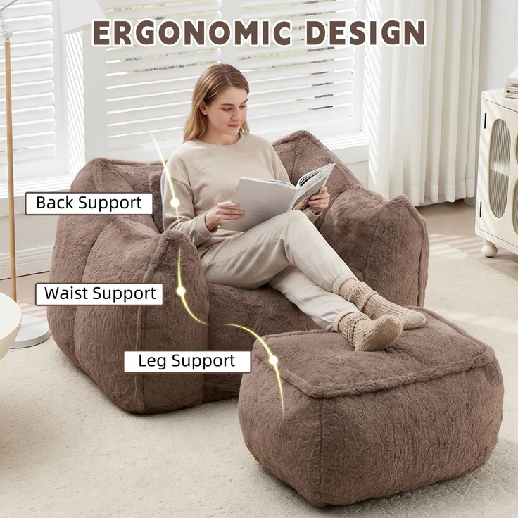 Riesiger Sitzsack für Erwachsene und Kinder, Sitzsack-Sofa mit Kunstfellbezug, Kissen und Hocker, bequemes Lese- und Spielsofa für Schlaf- und Wohnzimmer, Khaki--khaki--123x157x73cm--YOUDENOVA – Bild 5