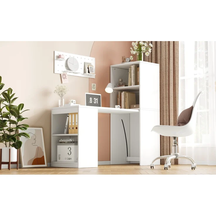 Klapptisch aus Spanplatte, 2-in-1 Schreibtisch mit 4 Ablagefächern, 130x51x137 cm, Weiß – Bild 9