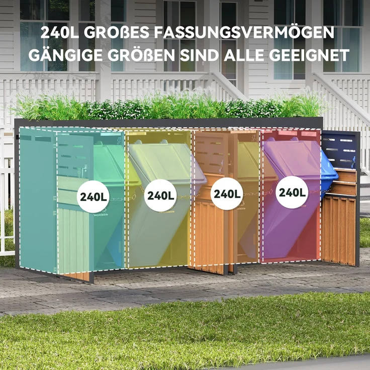 LVHOM Mülltonnenbox 4er mit Pflanzkasten, 4x240 L, Abschließbare Mülltonnenverkleidung aus Stahl für Garten, Anthrazit – Bild 7