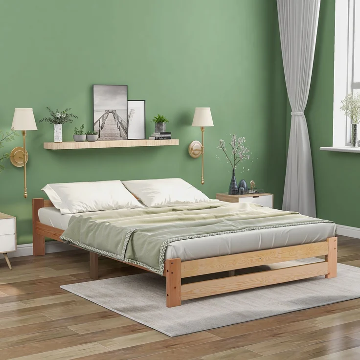 Solide Massivholzbett Futonbett Massivholz Natur Bett aus mit Kopfteil und Lattenrost , Natur (200x140cm) – Bild 1