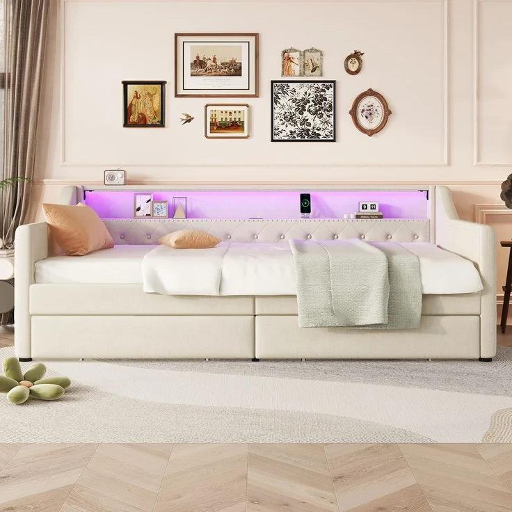 Bett 90x200 cm aus Leinen mit LED-Ambiente und Stauraum – Bild 2
