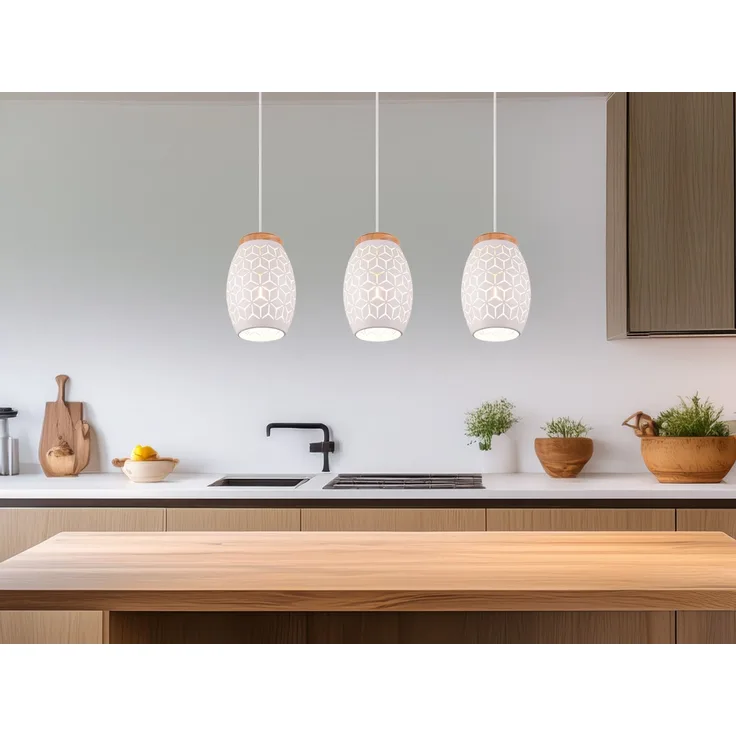 LED Pendelleuchte 3-flammig in Weiß mit ausgefallenem Stanzmuster, B: 71cm