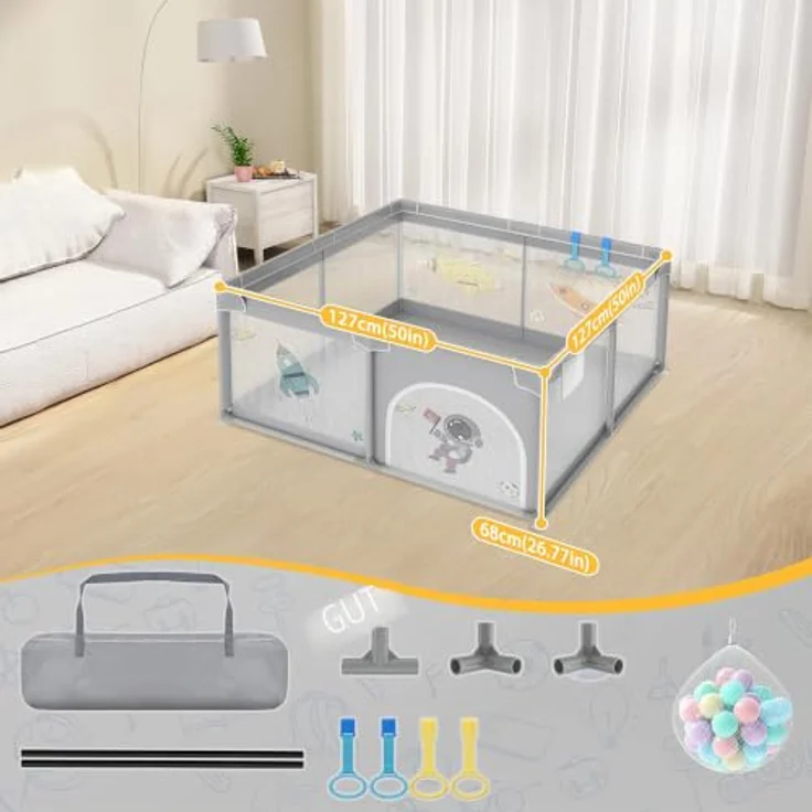 FIVMEN Laufstall 127x127cm Mit 50 Spielbällen, Krabbelgitter Und 4 Zugringen - Tragbarer Baby Playpen, Grauer Raumfahrer – Bild 2