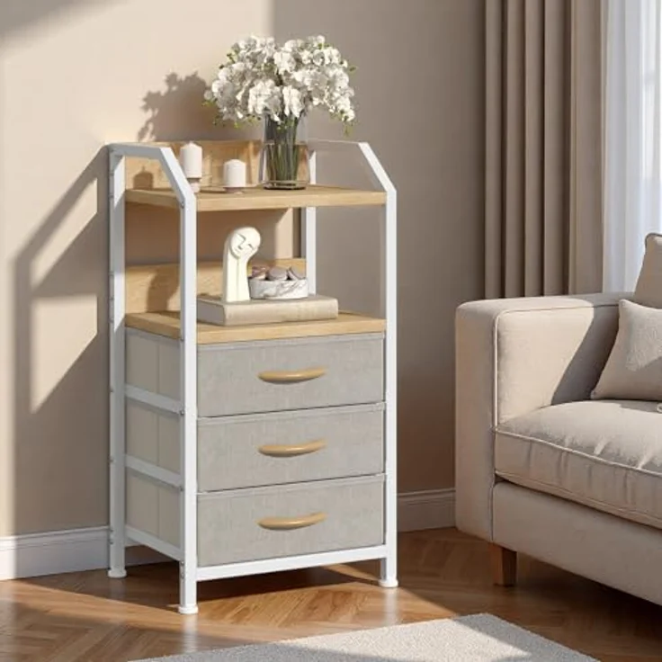 Feonase Nachttisch mit 3 Stoff-Schubladen, Kleine Kommode & Beistelltisch, 2-Fach MDF-Nachtschrank mit offenem Fach, moderner Side Table für Schlafzimmer, Wohnzimmer, Khaki – Bild 5