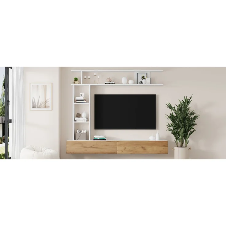 180*35*22.5cm TV Wohnwand-set mit Vitrinen,Mediawand inkl. TV-Board, Standregal und Wandregal,TV Wohnzimmermöbel-Set,TV-Schrank, stehend&hängend,TV bis 80',Weiß + Holzfarbe--Weiß + Eiche--95.99x36.5x16.99cm--YOUDENOVA – Bild 10
