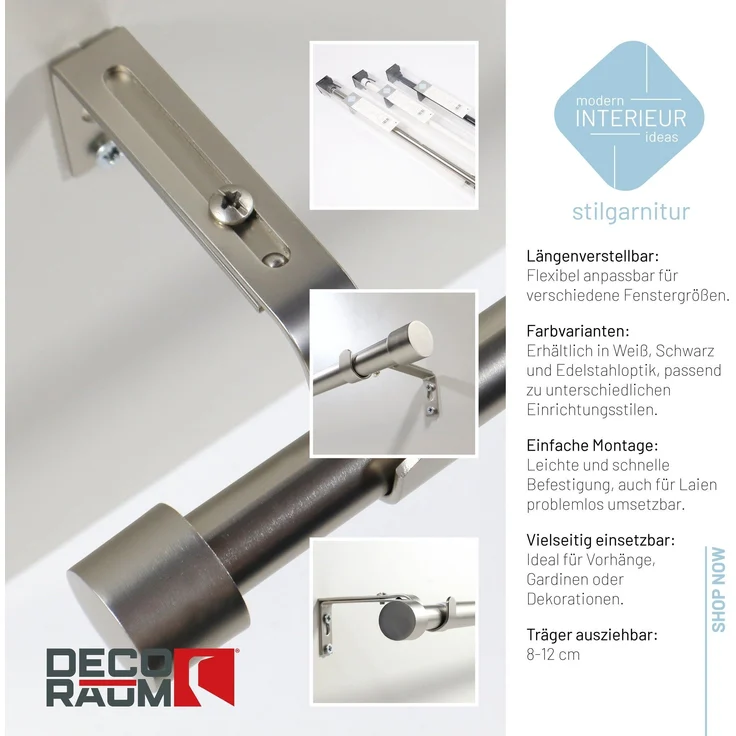 Deco-Raum Gardinenstange Flexa Stilgarnitur Set ausziehbar, Ø 19 mm, 1-läufig, ausziehbar, Wandmontage, verschraubt, Metall, perfekt für Dekoschals Gardinen – Bild 3