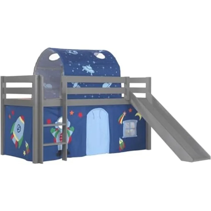 Vipack Spielbett 'Pino' inkl. Rutsche dunkelblau, mit Textilset Vorhang und Tunnel 'Astro'
