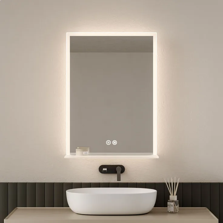 EMKE Badspiegel mit Ablage, Spiegel mit Beleuchtung Beschlagfrei Lichtspiegel Wandspiegel 50x70 cm mit Touch, Kaltweiß