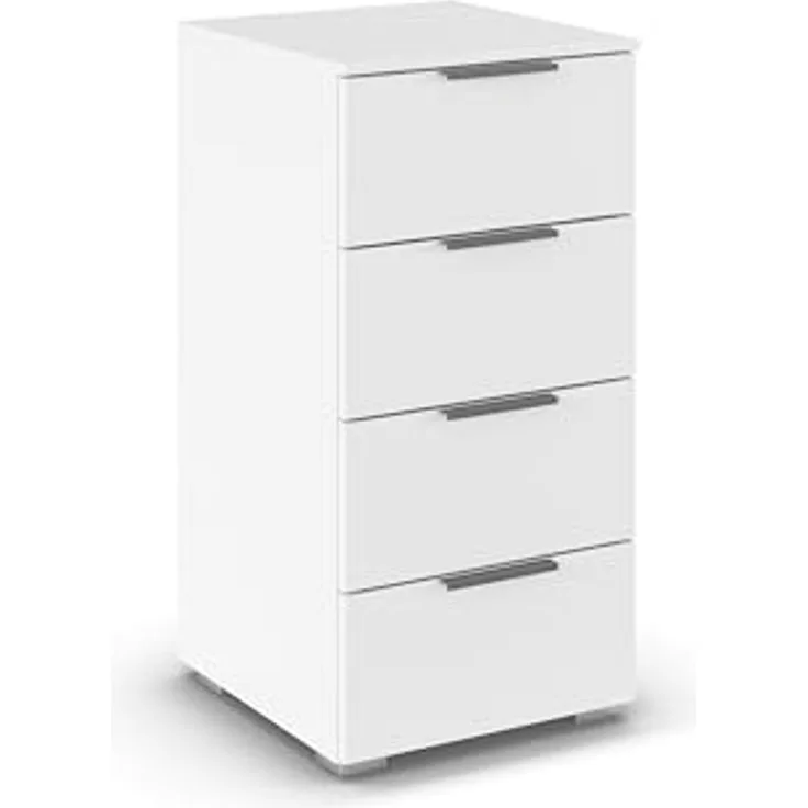 Rauch Möbel Alabama, Kommode für Schlafzimmer, Kinderzimmer, Garderobe, Flur, mit 4 Schubladen, Soft-Close-Funktion, Farbe Weiß, Griff Grau metallic, Schwarz, Maße 40 x 81 x 42 cm